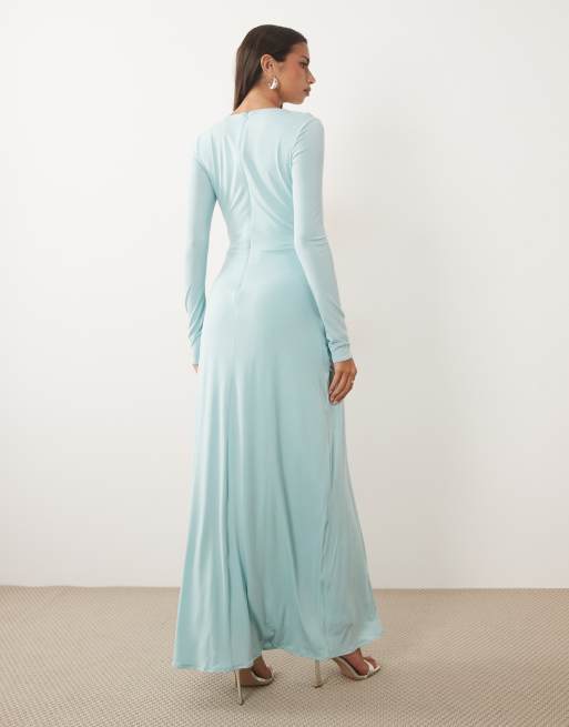 TFNC slinky draped ruched full skirt maxi dress in baby blue, 4 of 4