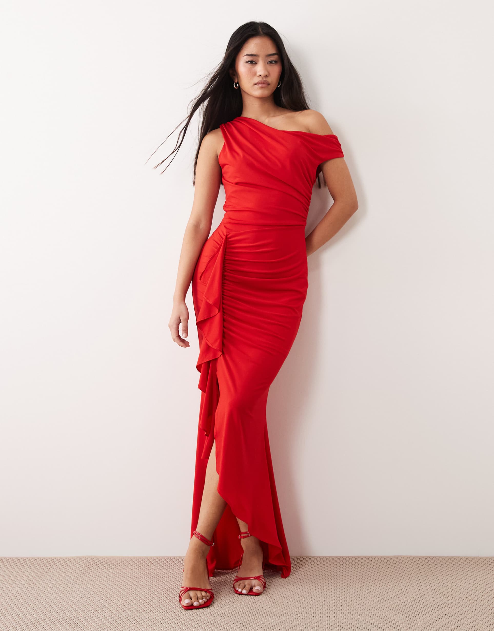 tfnc slinky fallen shoulder thigh slit ruffle detail midaxi dress in red
