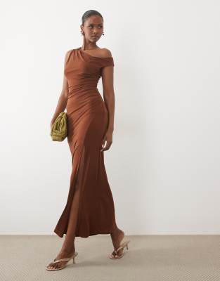 Tfnc Slinky Fallen Shoulder Thigh Split Maxi Dress In Brown