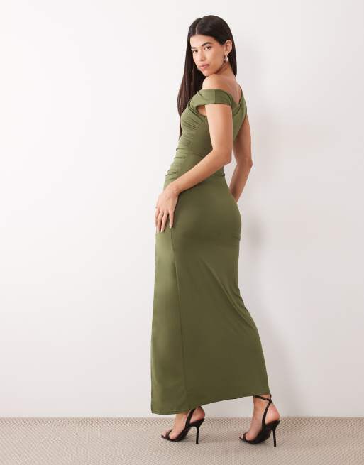 TFNC slinky fallen shoulder thigh split maxi dress in olive, 4 of 4