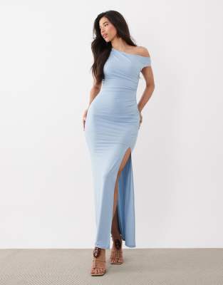 TFNC slinky fallen shoulder thigh split midaxi dress in baby blue