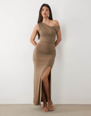 Tfnc Slinky Fallen Shoulder Thigh Split Midaxi Dress In Brown