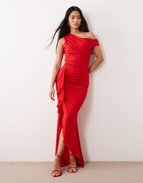 TFNC slinky fallen shoulder thigh split ruffle detail midaxi dress in red - view 1