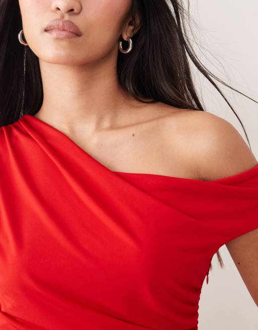 TFNC slinky fallen shoulder thigh split ruffle detail midaxi dress in red, 2 of 4