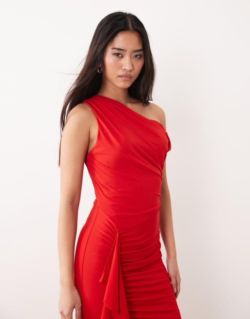 TFNC slinky fallen shoulder thigh split ruffle detail midaxi dress in red, 4 of 4