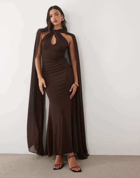TFNC slinky halter neck keyhole detail cape sleeve maxi dress in chocolate
