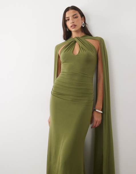 TFNC slinky halter neck cape sleeve maxi dress in olive - view 1