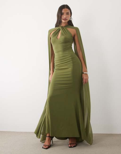 TFNC slinky halter neck cape sleeve maxi dress in olive, 3 of 4