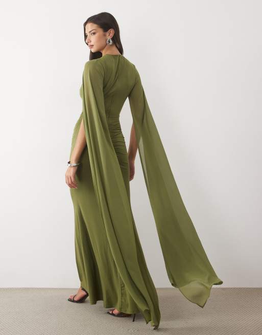 TFNC slinky halter neck cape sleeve maxi dress in olive, 4 of 4
