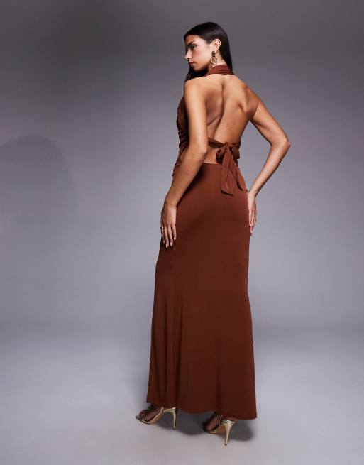 TFNC slinky halter neck open tie back maxi dress in rust, 3 of 4