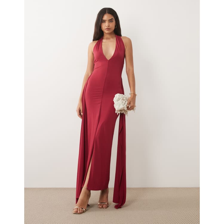 club l halterneck slinky maxi dress PrettyLittleThing Women's Double Layer Slinky Square Halterneck Drape Detail Maxi Dress in Black