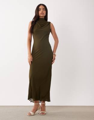 Tfnc Slinky High Neck Chiffon Scarf Detail Maxi Dress In Green