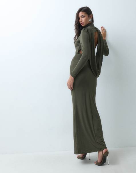 TFNC slinky high neck drape back maxi dress in deep olive