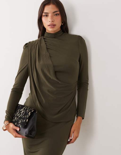 TFNC slinky high neck drape back maxi dress in deep olive, 2 of 4