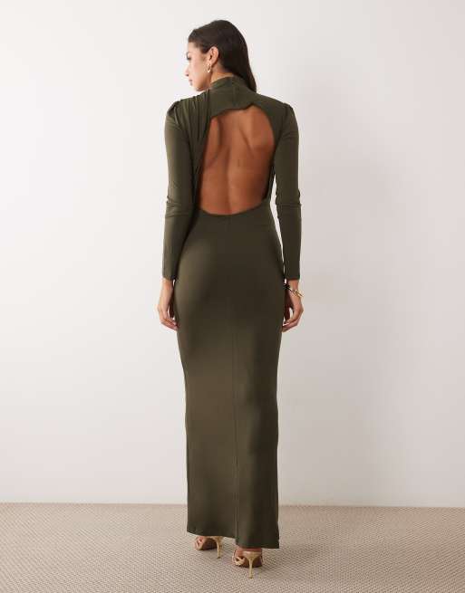 TFNC slinky high neck drape back maxi dress in deep olive, 3 of 4