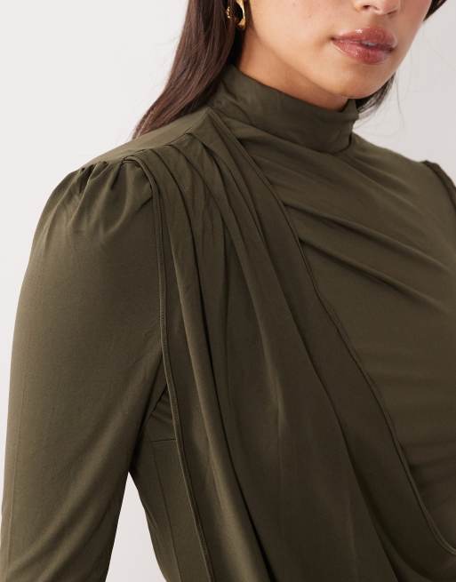TFNC slinky high neck drape back maxi dress in deep olive, 4 of 4