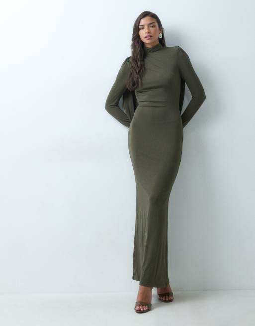 TFNC slinky high neck drape back maxi dress in deep olive, 5 of 5