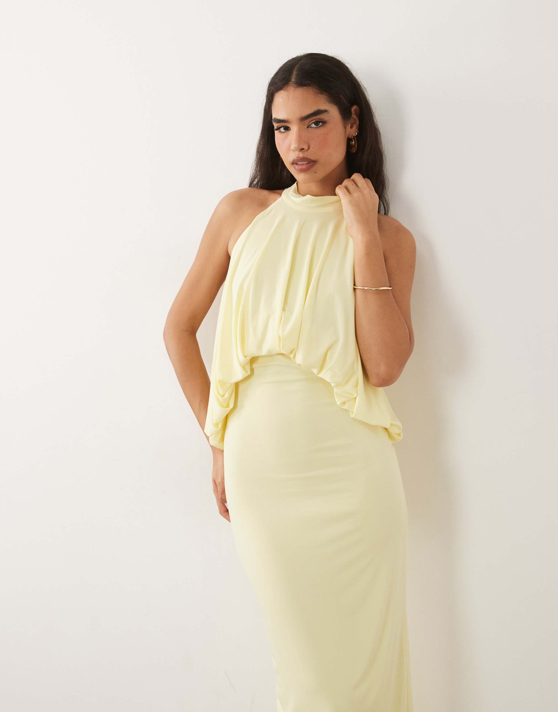 tfnc slinky high neck halter detail backless maxi dress in lemon