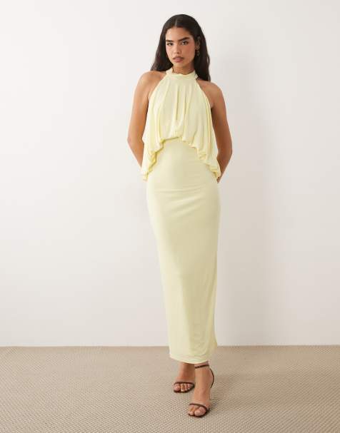 TFNC slinky high neck halter detail backless maxi dress in lemon