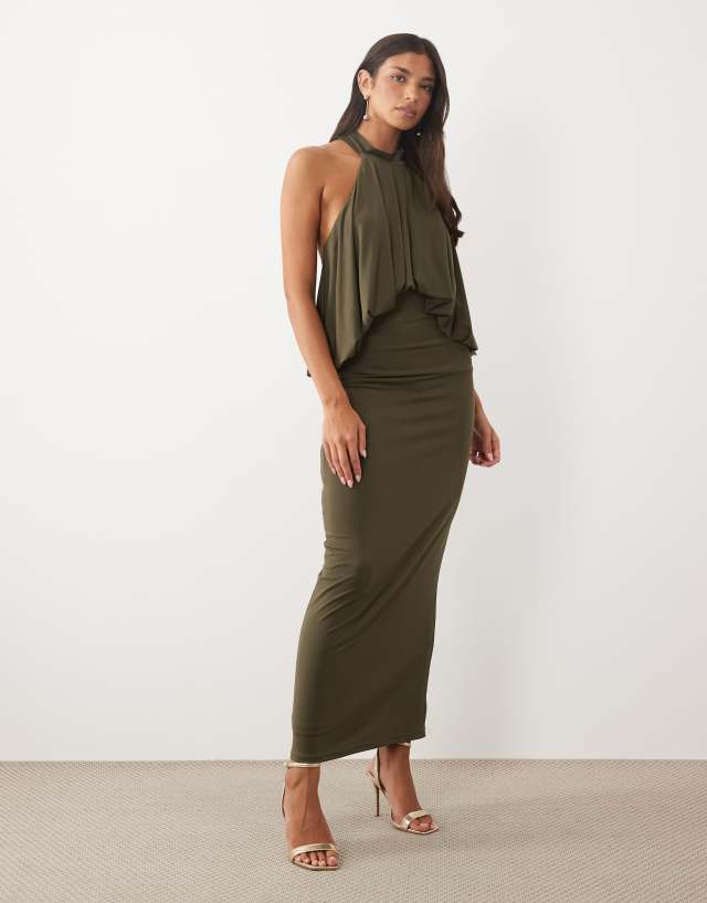 high neck waist defined maxi dress for women TFNC slinky halter detail open back in olive Winning