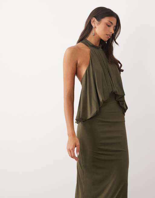 TFNC slinky high neck halter detail open back maxi dress in olive, 2 of 4