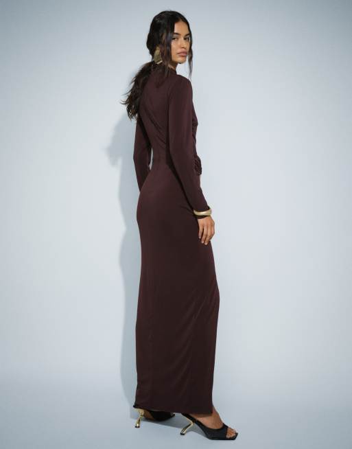 TFNC slinky high neck long sleeve high split trim detail maxi dress in chocolate, 3 of 8