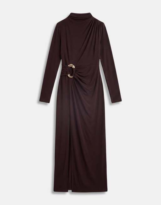 TFNC slinky high neck long sleeve high split trim detail maxi dress in chocolate, 5 of 8
