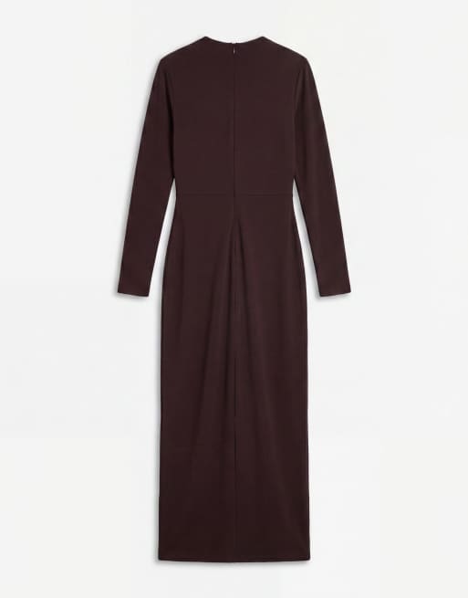 TFNC slinky high neck long sleeve high split trim detail maxi dress in chocolate, 6 of 8