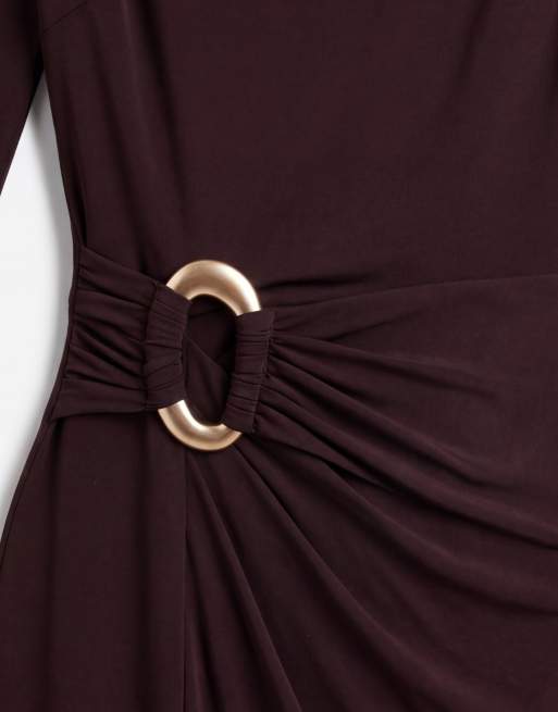 TFNC slinky high neck long sleeve high split trim detail maxi dress in chocolate, 7 of 8
