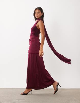 Tfnc Slinky One Shoulder Draped Detail Scarf Neck Satin Maxi Dress In Burgundy