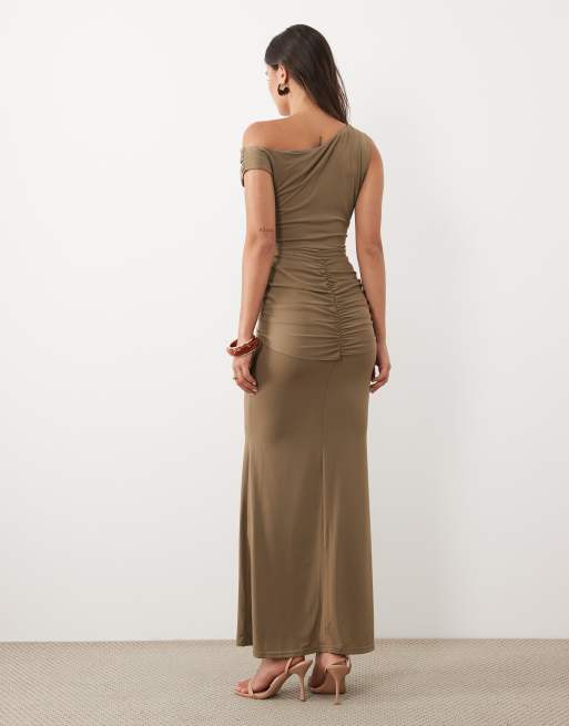 TFNC slinky one shoulder draped knot detail maxi dress in mocha, 4 of 4