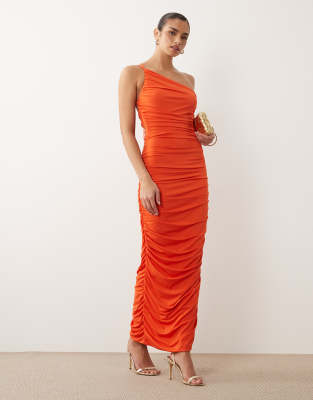 Tfnc Slinky One Shoulder Ruched Open Back Maxi Dress In Red