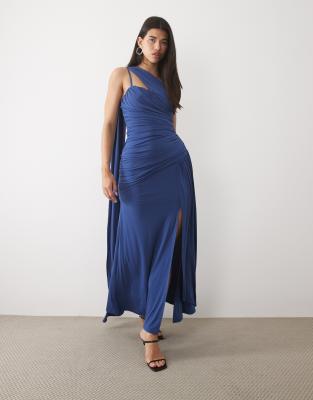 Tfnc Slinky One Shoulder Scarf Detail Cami Strap Maxi Dress In Blue