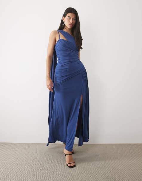 TFNC slinky one shoulder scarf detail cami strap maxi dress in blue - view 1