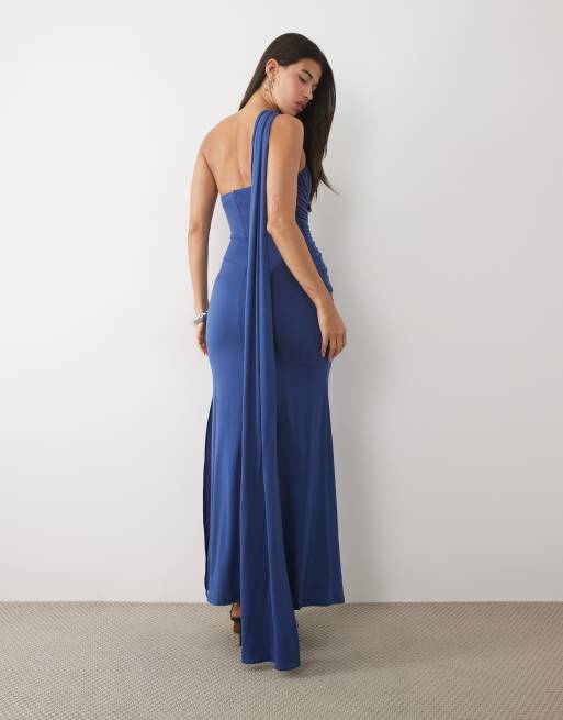 TFNC slinky one shoulder scarf detail cami strap maxi dress in blue, 4 of 4