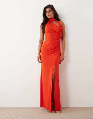 Tfnc Slinky One-shoulder Scarf High Slit Maxi Dress In Orange