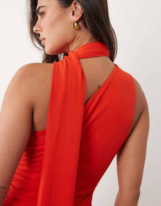 TFNC slinky one shoulder scarf high slit maxi dress in orange, 2 of 4