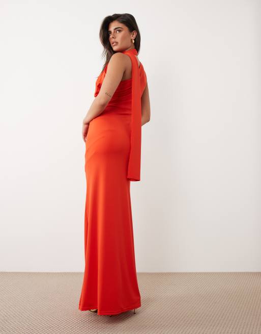 TFNC slinky one shoulder scarf high slit maxi dress in orange, 3 of 4