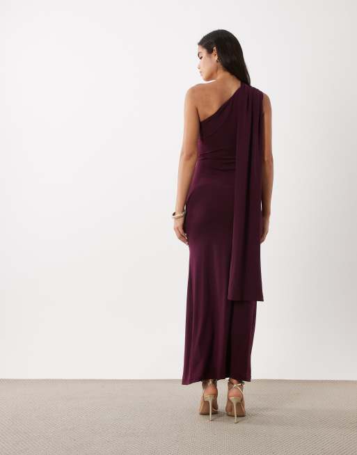 TFNC slinky one shoulder scarf high slit maxi dress in plum, 4 of 4