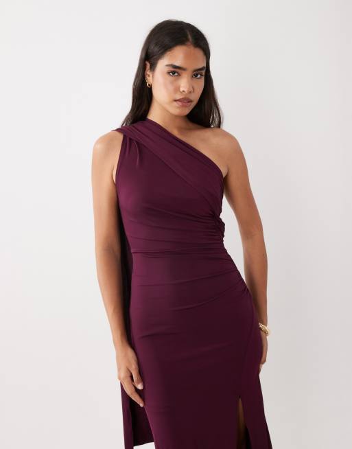 TFNC slinky one shoulder scarf hög slits maxiklänning i plommon, 3 av 4