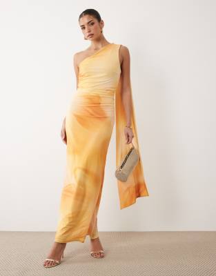 Tfnc Slinky One-shoulder Scarf Neck Maxi Dress In Yellow