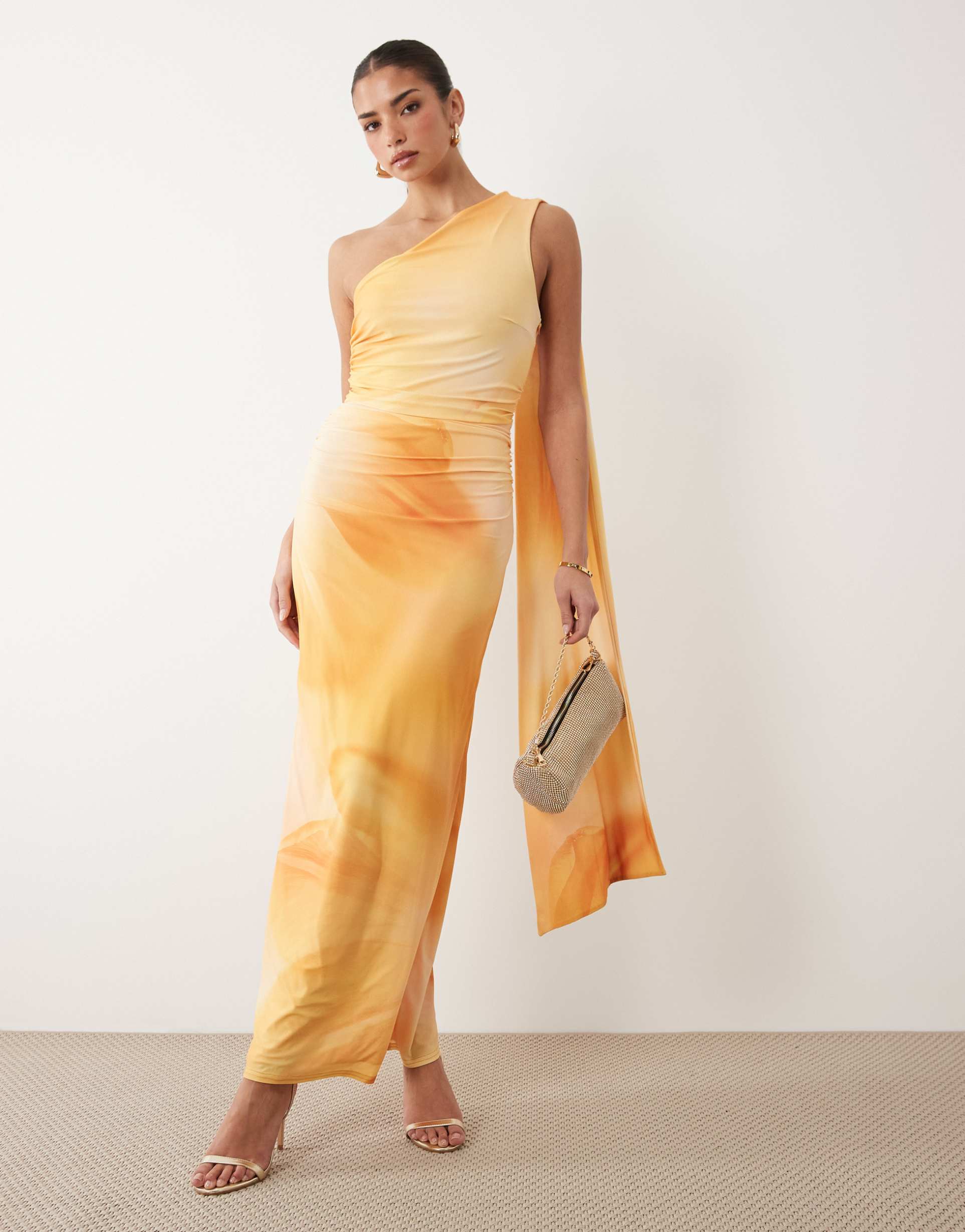 tfnc slinky one-shoulder scarf neck maxi dress in yellow abstract