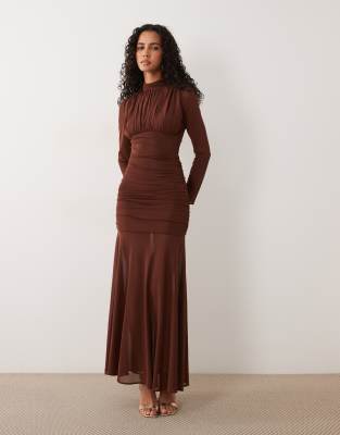 Tfnc Slinky Ruched Chiffon Maxi Dress In Brown