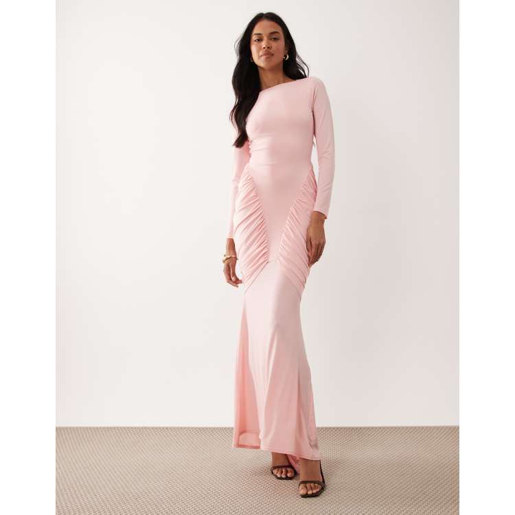 TFNC slinky ruched detail long sleeve maxi dress in light pink | ASOS