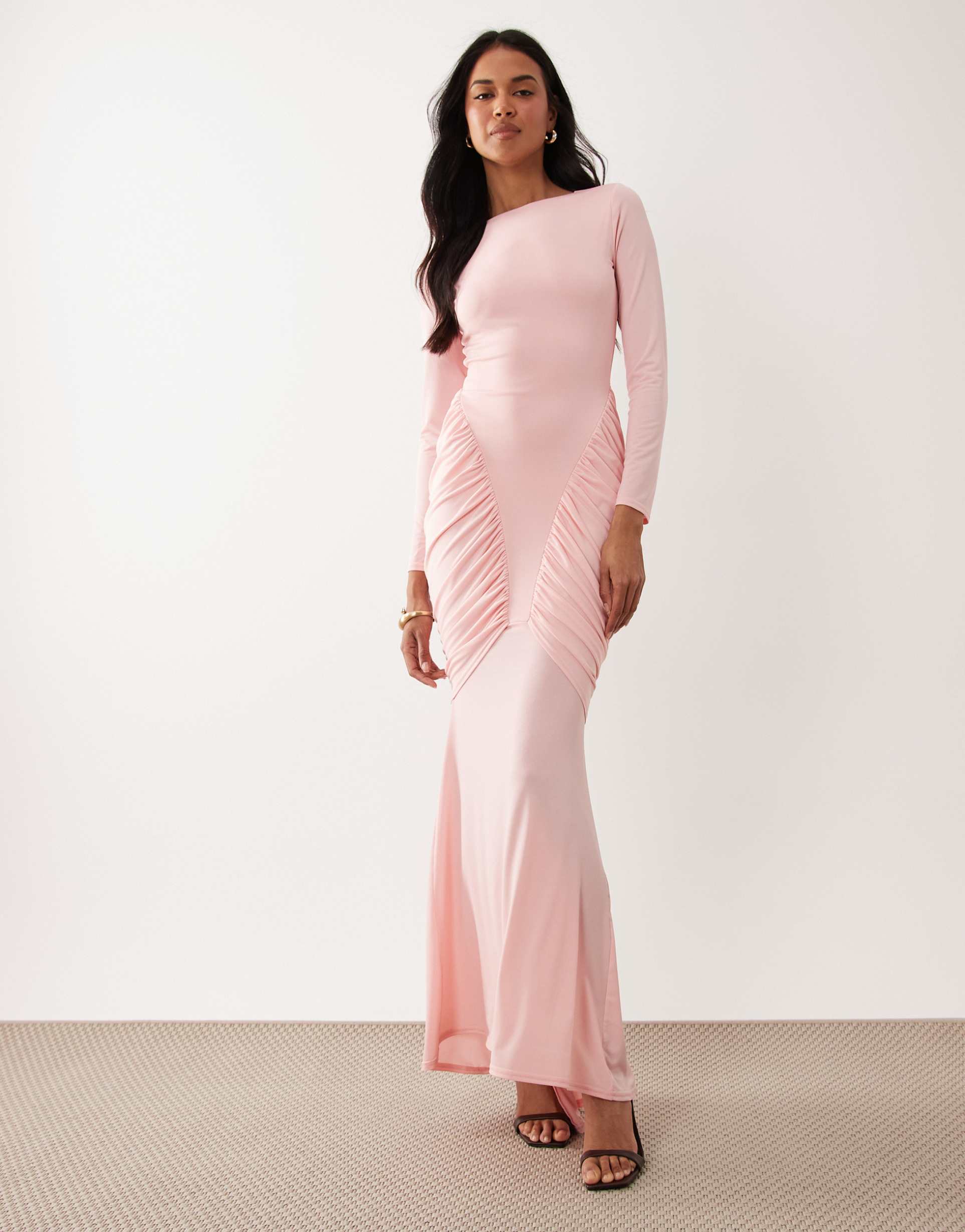 tfnc slinky ruched detail long sleeve maxi dress in light pink