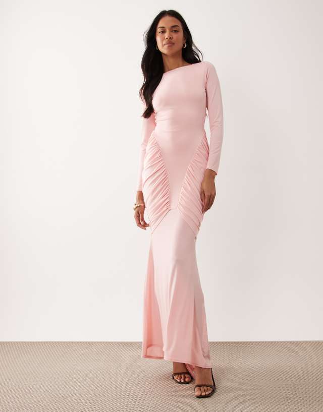 hot pink long sleeve maxi dress TFNC slinky ruched detail in light cooler