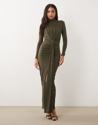 Tfnc Slinky Shoulder Pad Draped Front Maxi Dress In Green
