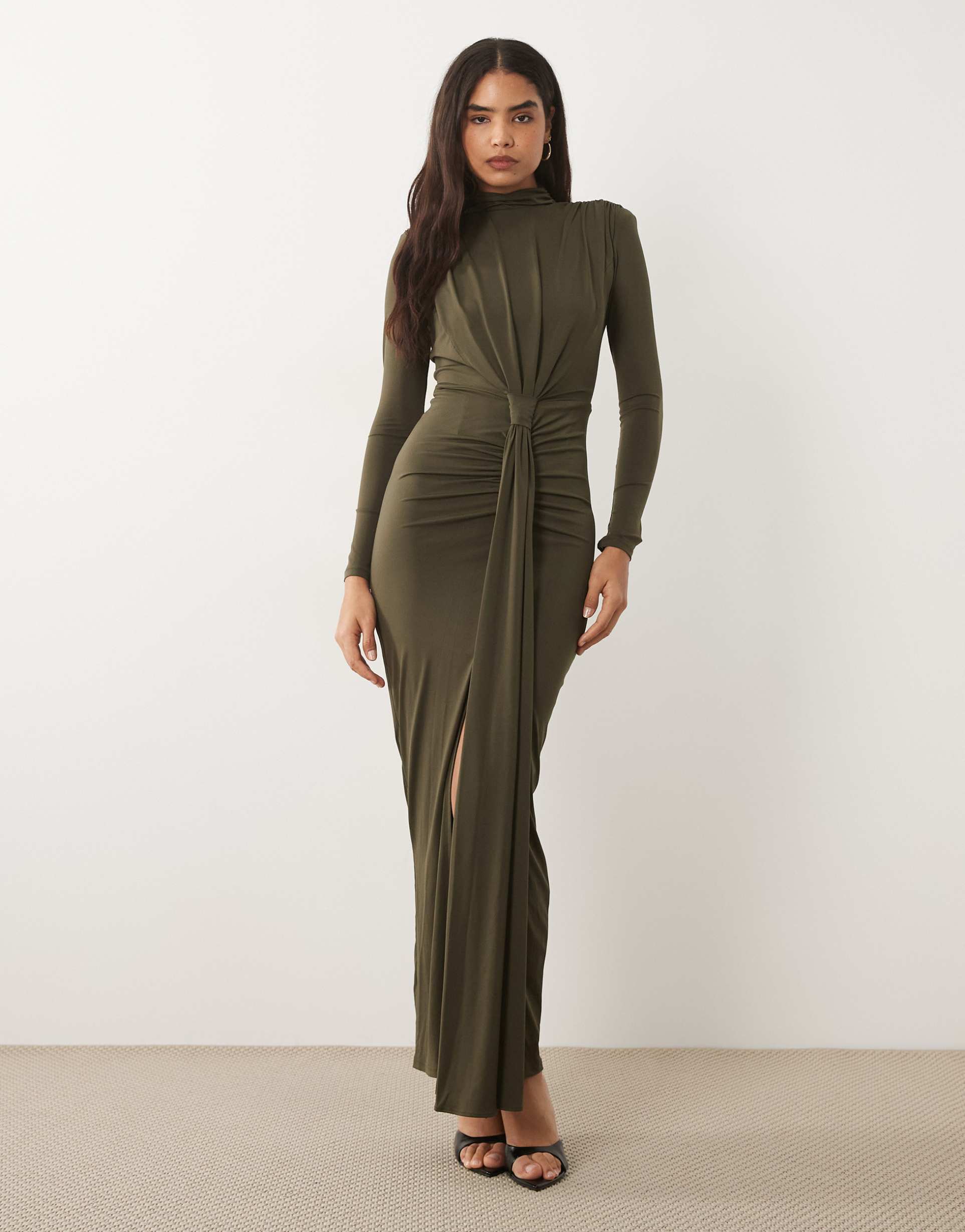 tfnc slinky shoulder pad draped front maxi dress in khaki