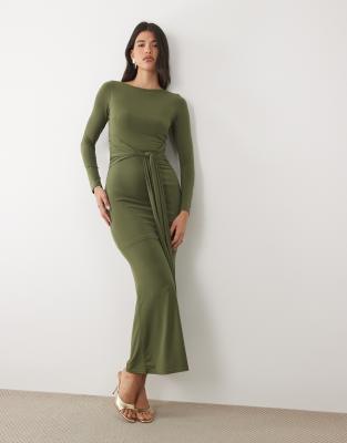 TFNC slinky slash neck drape front long sleeve maxi dress in olive