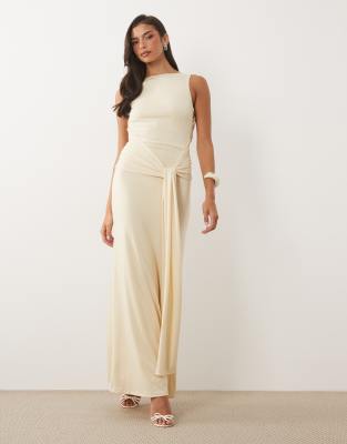 Tfnc Slinky Slash Neck Open Back Tie Detail Maxi Dress In White